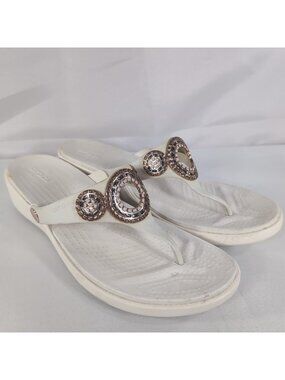 CROCS Sanrah Diamante Jeweled Wedge Flip Flop 11 White Oyster Rose Gold 205048